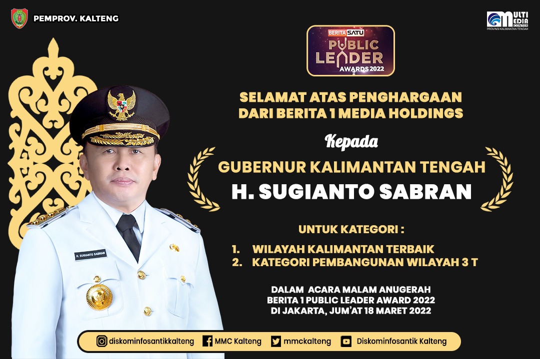 Gubernur Kalteng Sugianto Sabran Terima Penghargaan Berita Satu Public Leader Awards 2022