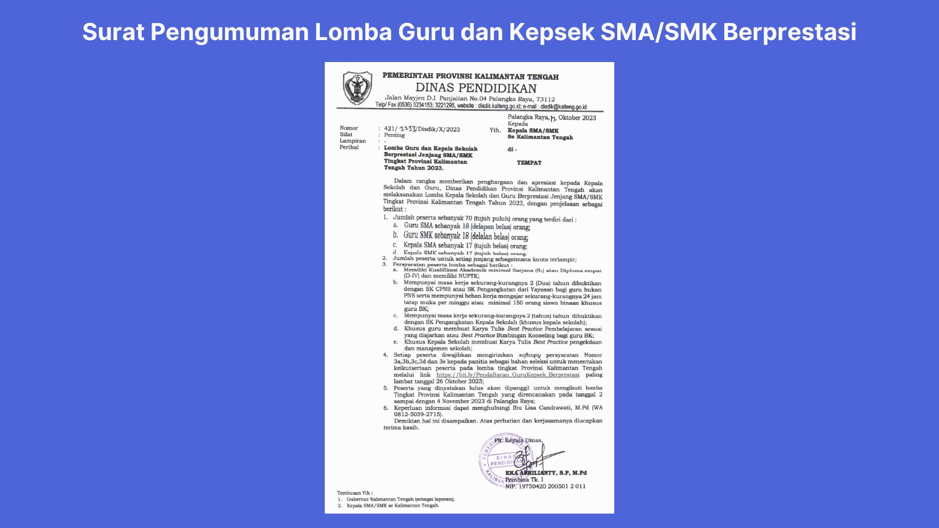 Disdik Prov. Kalteng Gelar Lomba Guru dan Kepala Sekolah Berprestasi Jenjang SMA/SMK