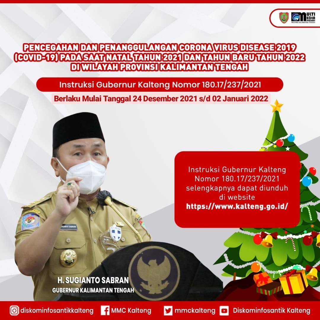 Gubernur Kalteng H. Sugianto Sabran Keluarkan Instruksi terkait Pencegahan dan Penanggulangan Covid-19 Pada Saat Natal Tahun 2021 dan Tahun Baru Tahun 2022